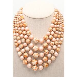 Vintage Japan 5 Strand Peach Orange Gold Fleck Beaded Statement Necklace